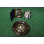 Group of three framed miniatures to comprise: portrait of a lady wearing a white bonnet in an oval