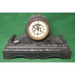 8 day slate and marble mantle clock having white enamelled dial with black Roman Numerals and black