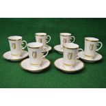 Set of six Royal Worcester Irish coffee cups and saucers having white ground with gilt borders and
