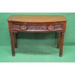 Mahogany bow fronted side table having single carved drawer,