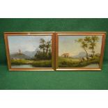 Pair of unsigned oil on canvas of buildings in rural settings with trees in the foreground and