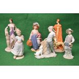 Grop of six figurines to comprise: Lladro figure of a boy, one unmarked Lladro style figure,