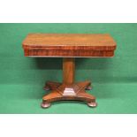 19th century mahogany fold over card table having D shaped top opening to reveal circular baized