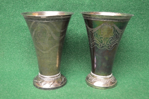 Pair of Swedish silver table vases having engraved decoration of swags and bows on a tapering body,