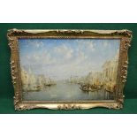 Unsigned oil on canvas of a Venetian scene having building lined waterway and fishing boats in the