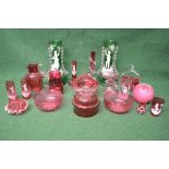 Group of Cranberry and Mary Gregory glassware to comprise: various vases,