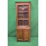 Mahogany narrow display cabinet on cupboard the top having glazed door opening to reveal two fixed