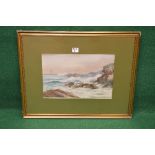 Mackintyre (?) watercolour of rough seas on a rocky coastline, possibly Cornwall,