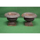 Pair of 20th century iron urns of squat form having scrolled rim over a gadrooned body,