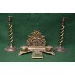 Victorian style cast bronze double desk stand having two ink wells with letter rack together with a