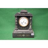 8 day slate and marble mantle clock having white dial with Roman Numerals and pierced black hands -
