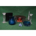 Group of glassware to include a small circular Whitefriars blue glass dish,