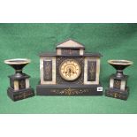 8 day slate and onyx clock garniture set having gilt decoration to slate,