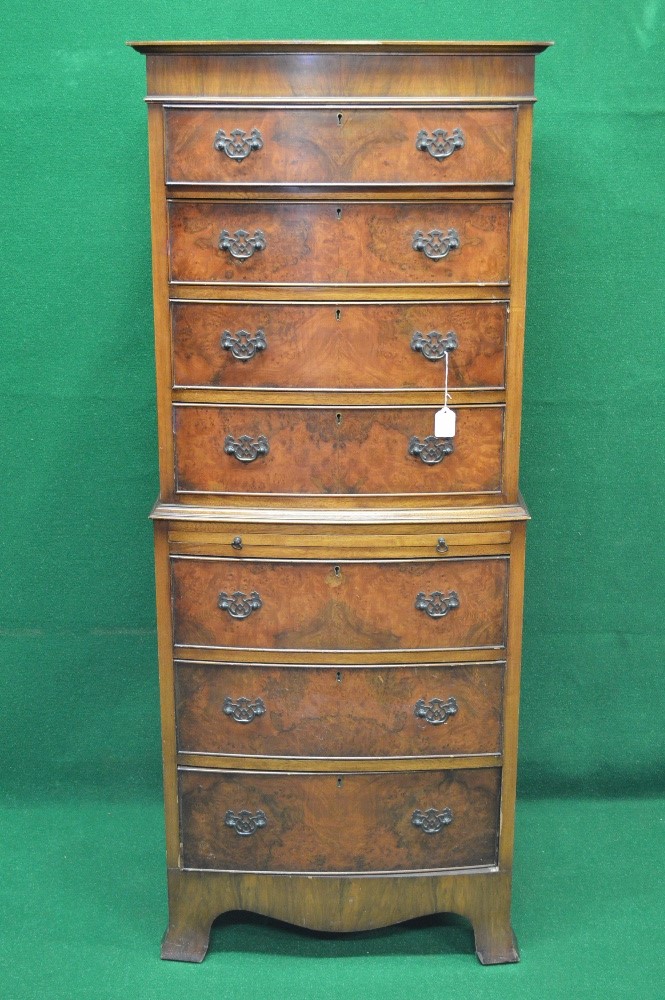 20th century walnut chest on chest the top having moulded edge over four graduated drawers with