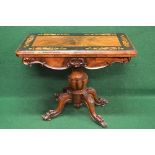19th century figured walnut fold over card table the top having inlaid border of flowers and