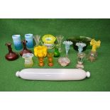 Collection of Victorian and other glassware to include: milk glass rolling pin, Penny Lick glass,