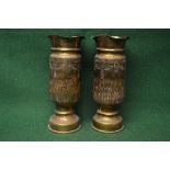 Pair of brass trench art table vases having engraved decoration made from a pair of 1913 shell