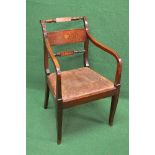 19th century mahogany and inlaid open elbow chair having inlaid horizontal back splats supported by