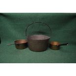 Brass preserving cooking pan having iron hoop handle together with two brass saucepans with iron