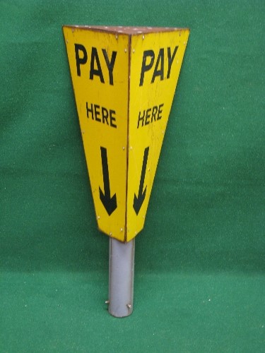 Three sided metal pole mounted Pay Here car park sign, black letters and arrow on a yellow - Image 2 of 3