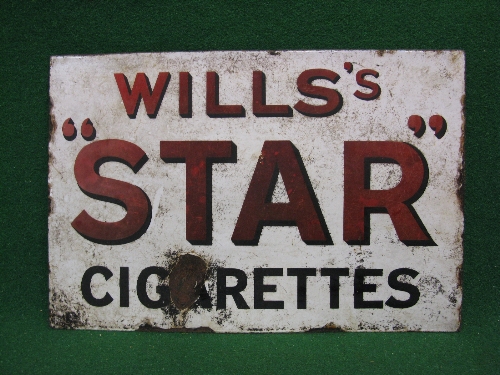 Double sided enamel sign for Will's Star Cigarettes, black shaded red letters on a white ground -