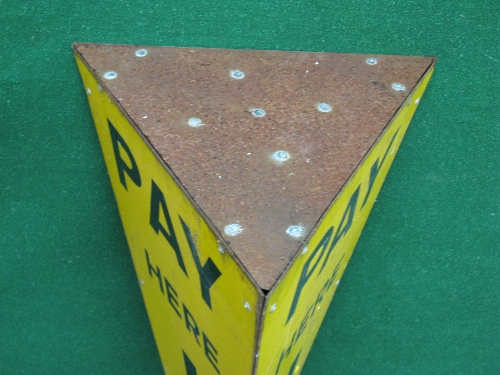 Three sided metal pole mounted Pay Here car park sign, black letters and arrow on a yellow - Image 3 of 3