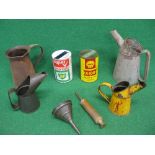 Four assorted oil pourers, funnel, greaser plus unopened Shell and BP one pint oil cans Please