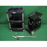 Draper, three tier workshop tool trolley, Clarke welding trolley and an oil drum hand pump Please