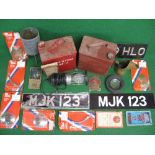 Mixed lot to include: plain and Esso two gallon cans with Redline cap, cast iron plaque The Hawk