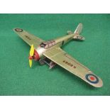 Large tinplate Made in England RAF monoplane with folding wings and clockwork motor powering wheels,