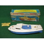 1968 Sutcliffe tinplate electric cruiser Kestrel (needs some detail repairs) - 12.5" long (in a