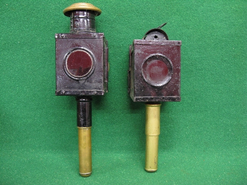 Two different carriage lamps - one has brass capped chimney (cracked bullseye glass) - 17" total - Image 2 of 2