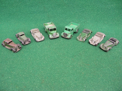 Eight loose Dinky's to include: two Bedford trucks, Alvis, three Lagonda's etc, all playworn