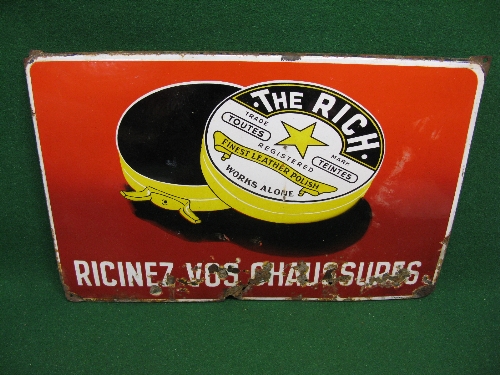 Foreign enamel sign for The Rich Finest Leather Polish featuring an open polish tin, in black, white