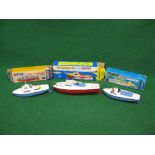 Three boxed clockwork tinplate Sutcliffe Boats to comprise: Commodore Cruiser (flag missing), Victor