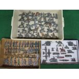 Three boxes of lead model soldiers, canons, planes, horses, a camel, Indians, cars, machine