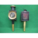 Two different carriage lamps - one has brass capped chimney (cracked bullseye glass) - 17" total