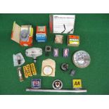 Mixed lot to include: Kent & England badges, four boxed Lodge HLNY sparkplugs, boxed Crypton