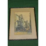 Alfred Leyman (1856-1933), watercolour of a street scene, the street having figures, cart and