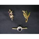 9ct gold Sapphire and Diamond oval cluster bar brooch having oval cut Sapphire surmounted by