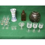 Group of glassware to comprise: a globular shaped vase having silver overlay decoration, brown glass