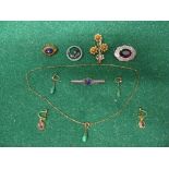 Pair of 14ct gold earrings and pendant on chain together with five brooches and one pair of earrings
