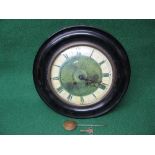 Circular wall clock having printed paper dial with black Roman Numerals and pierced black hands -