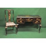 Black lacquered chinoiserie decorated desk the top having raised decoration of figures, tree and