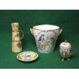 Porcelain Augustus Rex style lidded cup and saucer together with a Royal Worcester jug and a hand