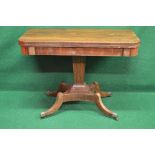 Regency rosewood tea table having D shaped top supported by a square tapering column leading to four