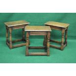 Set of three 20th century reproduction oak joint stools having rectangular tops and standing on