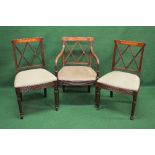 Set of five 19th century mahogany dining chairs having padded seats and standing on turned reeded