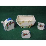 Clarice Cliff Bizarre miniature three piece teaset together with a Clarice Cliff Bizarre lidded dish