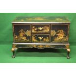 Chinoiserie decorated side cabinet the top having raised decoration of figures and pagoda over two